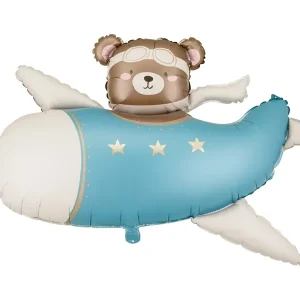 Foil balloon Bear in Airplane, 94x61 cm, light blue